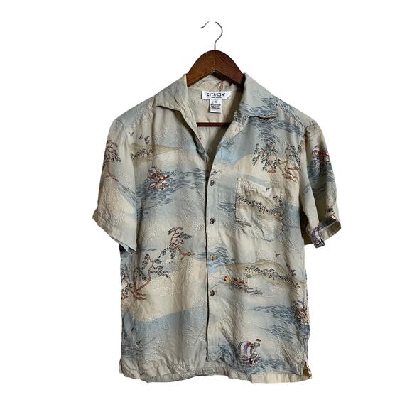 Citron Santa Monica Silk Asian Sea Explorer Embossed Print Mens Small - Picture 1 of 7